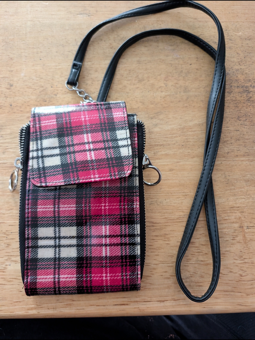 Plaid Crossbody Phone Bag in Pink and Black